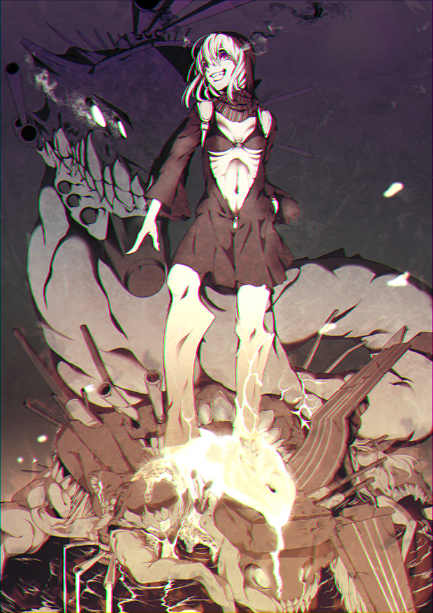 10s 1girl abyssal_ship bad_id bad_pixiv_id bikini bikini_top_only breasts cannon chromatic_aberration clenched_teeth dress emaciated female_focus gilgil glowing glowing_cracks glowing_eyes grin kantai_collection lava limited_palette looking_to_the_side navel open_clothes open_dress pale_skin re-class_battleship ribs scarf sharp_teeth ship_turret small_breasts smile solo swimsuit tail teeth underwater
