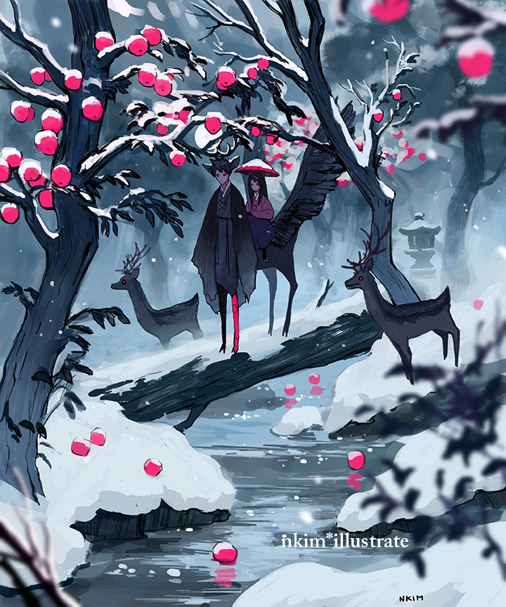 1boy 1girl animal_ears artist_name black_coat black_hair black_wings blurry blurry_foreground centaur coat deer deer_boy deer_ears fantasy forest holding holding_umbrella long_hair nadia_kim nature original outdoors red_eyes riding river short_hair snow taur tree umbrella wings winter