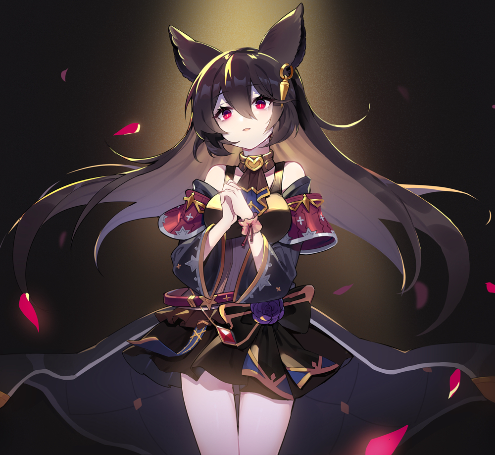 1girl animal_ears bare_shoulders black_hair black_skirt choker crying crying_with_eyes_open ear_piercing erune granblue_fantasy hair_between_eyes long_hair nier_(granblue_fantasy) petals piercing red_eyes robe rose_petals scrunchie sharlorc skirt tears
