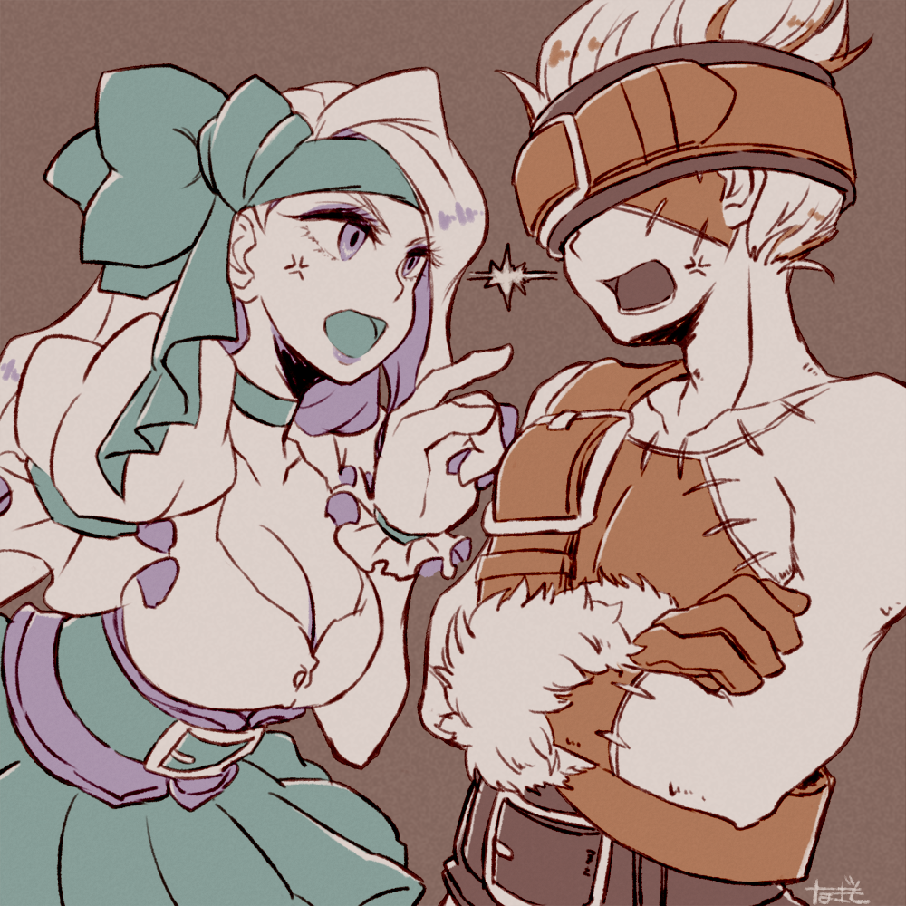 1boy 1girl belt blank_(ff9) breasts cleavage commentary_request final_fantasy final_fantasy_ix gloves headband long_hair ruby_(ff9) sunagimo_(nagimo)