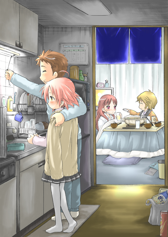 00s 2boys 2girls ahoge blonde_hair bousouzoku brown_hair closed_eyes coat delinquent gotou_yuuko gotouza gottouza indoors kitchen kogami_akira kotatsu ladle long_hair lucky_star multiple_boys multiple_girls ono_daisuke pantyhose pink_hair pleated_skirt shiraishi_minoru short_hair skirt slice_of_life table television tokkoufuku ubizo white_pantyhose