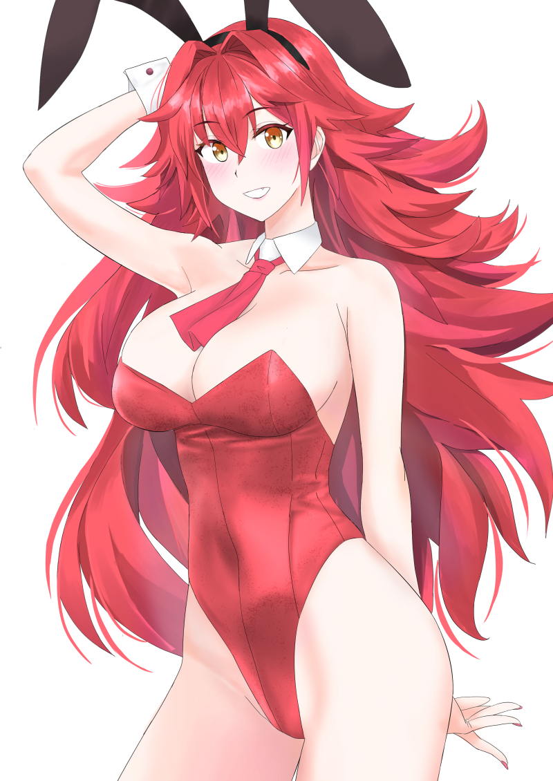 1girl alternate_costume animal_ears breasts cleavage detached_collar fake_animal_ears kantai_collection large_breasts leotard long_hair necktie orange_eyes pantyhose phoenix_(kancolle) playboy_bunny rabbit_ears red_hair red_leotard red_necktie simple_background solo strapless strapless_leotard takase_asagiri white_background wrist_cuffs