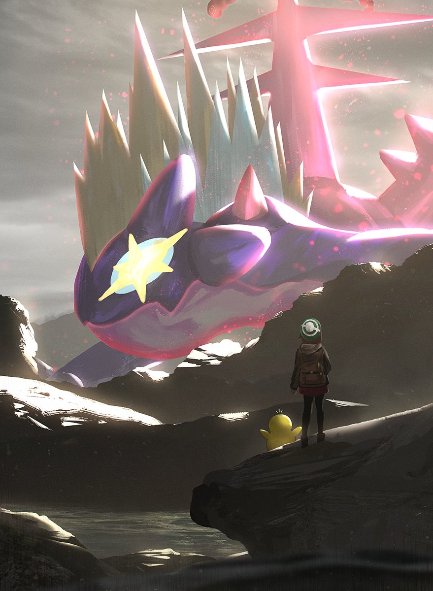 backpack bag closed_mouth cloud cloudy_sky commentary_request dynamax from_behind gen_1_pokemon gen_8_pokemon gigantamax gigantamax_toxtricity gloria_(pokemon) green_hat hat highres nintendo otsumami_(bu-bu-heaven) outdoors pokemon pokemon_(creature) pokemon_focus pokemon_swsh pom_pom_(clothes) psyduck sky standing tam_o&#039;_shanter toxtricity