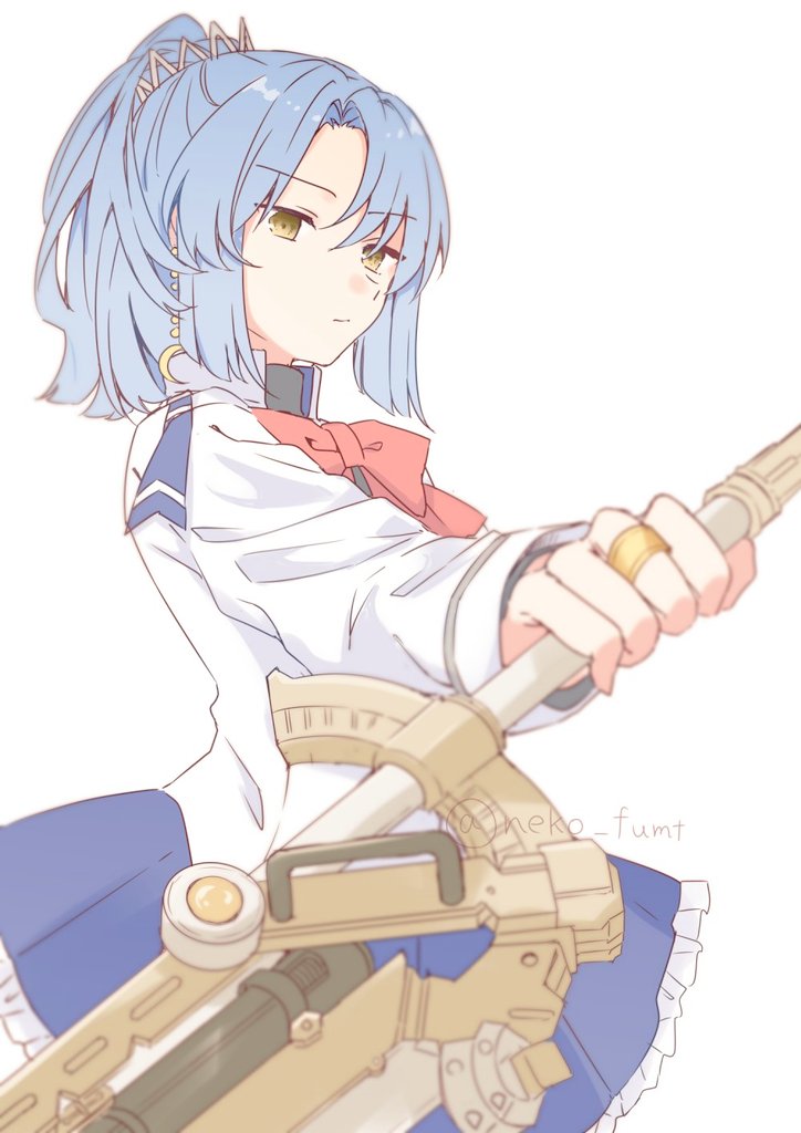 1girl assault_lily benini blue_hair blue_skirt blunt_ends blurry blurry_foreground bow bowtie closed_mouth cowboy_shot crescent crescent_earrings earrings frilled_skirt frills hair_between_eyes hair_ornament hand_up herensuge_girls_academy_school_uniform high_ponytail holding holding_sword holding_weapon jacket jewelry long_sleeves looking_at_viewer makino_mitake miniskirt outstretched_arm pleated_skirt ponytail red_bow red_bowtie ring school_uniform short_hair simple_background single_earring skirt solo sword twitter_username v-shaped_eyebrows weapon white_background white_jacket yellow_eyes