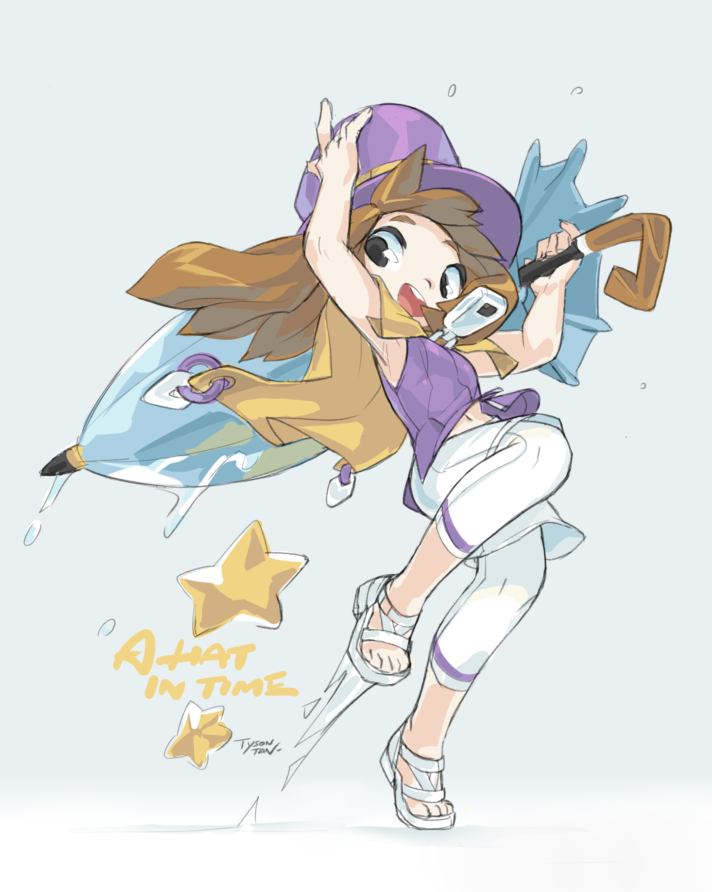 1girl 2019 a_hat_in_time absurdres black_eyes breasts brown_hair hat hat_kid highres looking_at_viewer navel non-web_source open_mouth purple_shirt sandals shirt shorts signature simple_background small_breasts smile standing standing_on_one_leg star_(symbol) three-quarter_sleeves tyson_tan umbrella water white_sandals white_shorts
