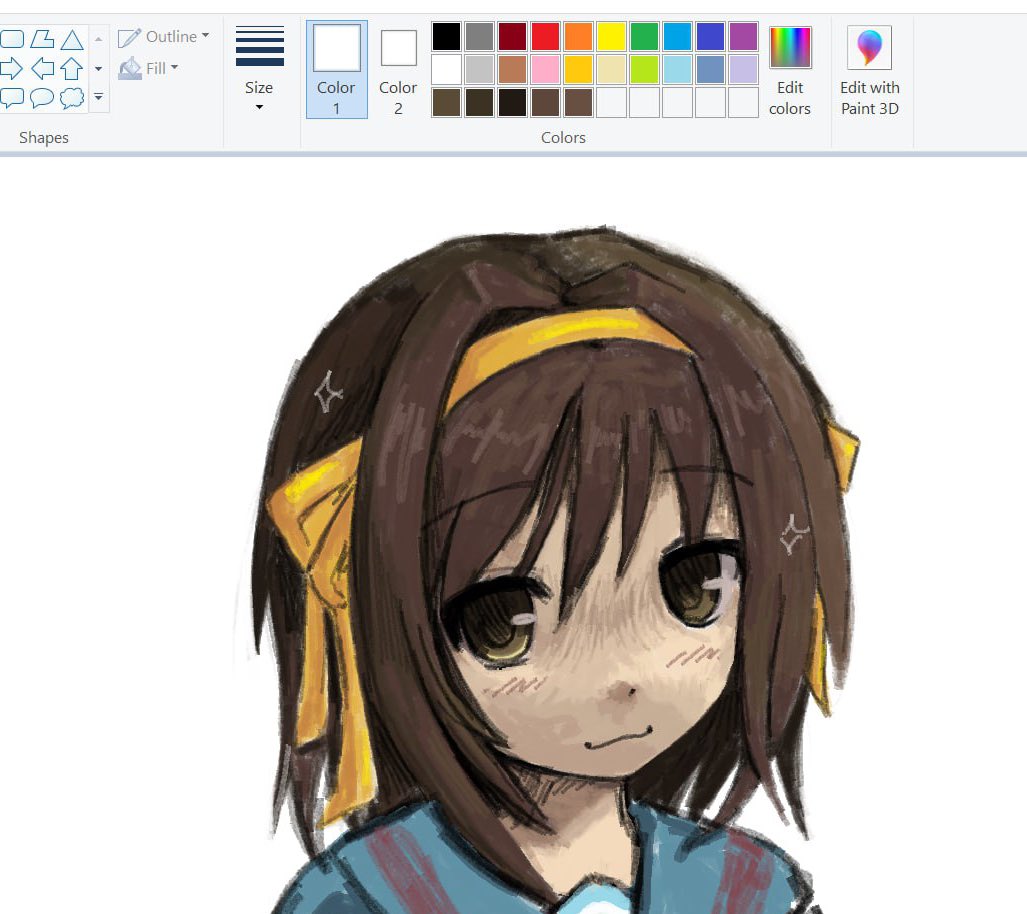 1girl 2000s_(style) :3 art_program_in_frame blue_sailor_collar brown_hair commentary english_commentary hairband kita_high_school_uniform looking_at_viewer microsoft_paint_(medium) microsoft_paint_(software) sailor_collar school_uniform serafuku short_hair solo suzumiya_haruhi suzumiya_haruhi_no_yuuutsu white_background winter_uniform yellow_eyes yellow_hairband zoolpal