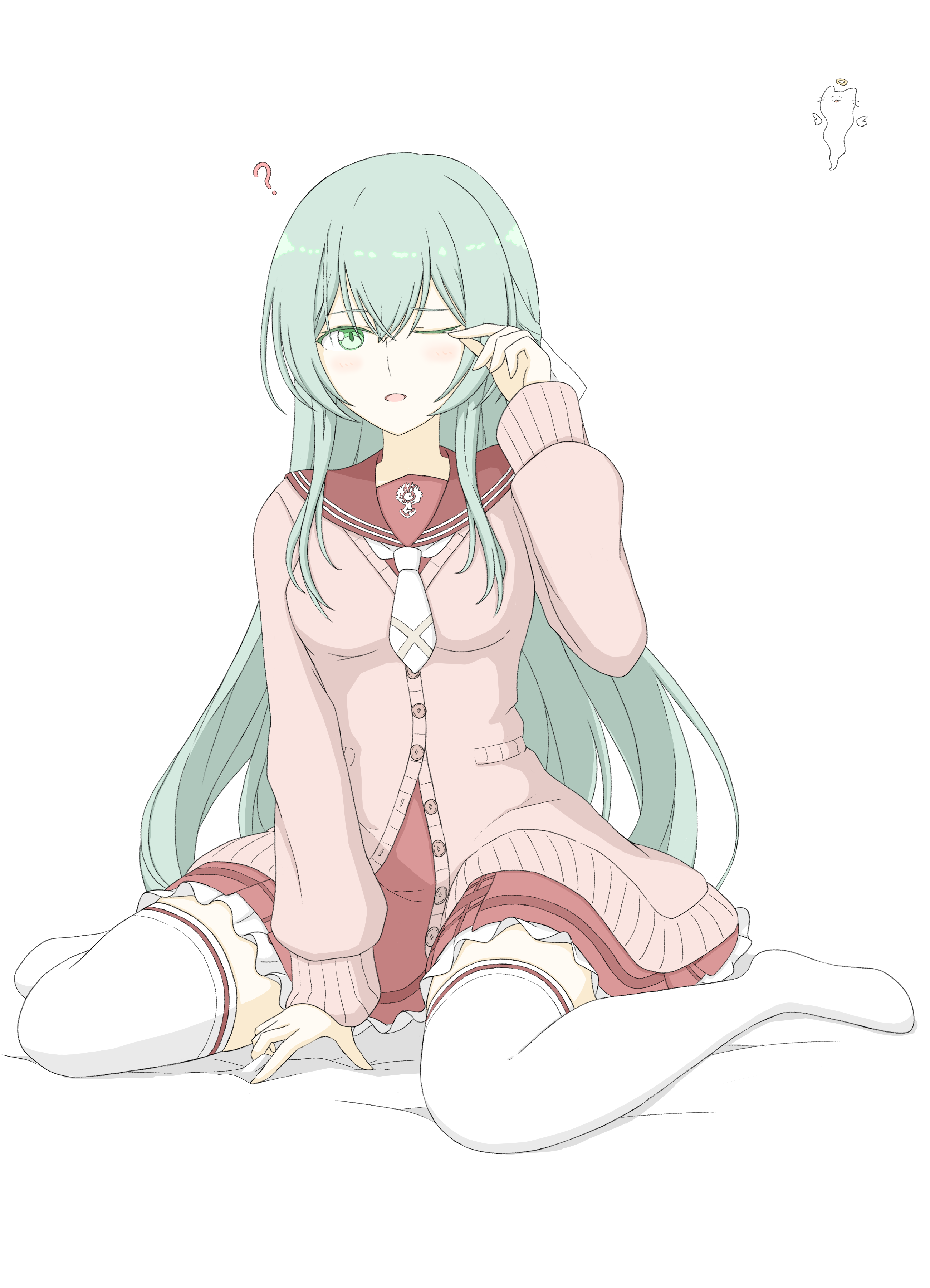 1girl ? absurdres animal assault_lily bed_sheet between_legs blush bow breasts brown_cardigan brown_sailor_collar cardigan cat commentary crossed_bangs full_body ghost green_eyes green_hair hair_between_eyes hair_bow half_updo halo hand_between_legs hand_up highres kanba_girls_high_school_uniform long_hair long_sleeves looking_at_viewer medium_breasts miniskirt necktie no_shoes one_eye_closed parted_lips partially_unbuttoned pocket red_skirt rubbing_eyes sailor_collar school_uniform serafuku short_necktie sidelocks simple_background sitting skirt solo thighhighs toki_kureha traditional_halo tsukimizake very_long_hair wariza white_background white_bow white_necktie white_thighhighs zettai_ryouiki