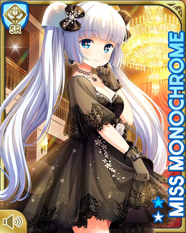 1girl black_bow black_dress black_footwear blue_eyes blunt_bangs bow card chandelier character_name closed_mouth dress girlfriend_(kari) hair_bow indoors mansion miss_monochrome miss_monochrome_(character) night official_art qp:flapper smile solo standing tagme twintails white_hair