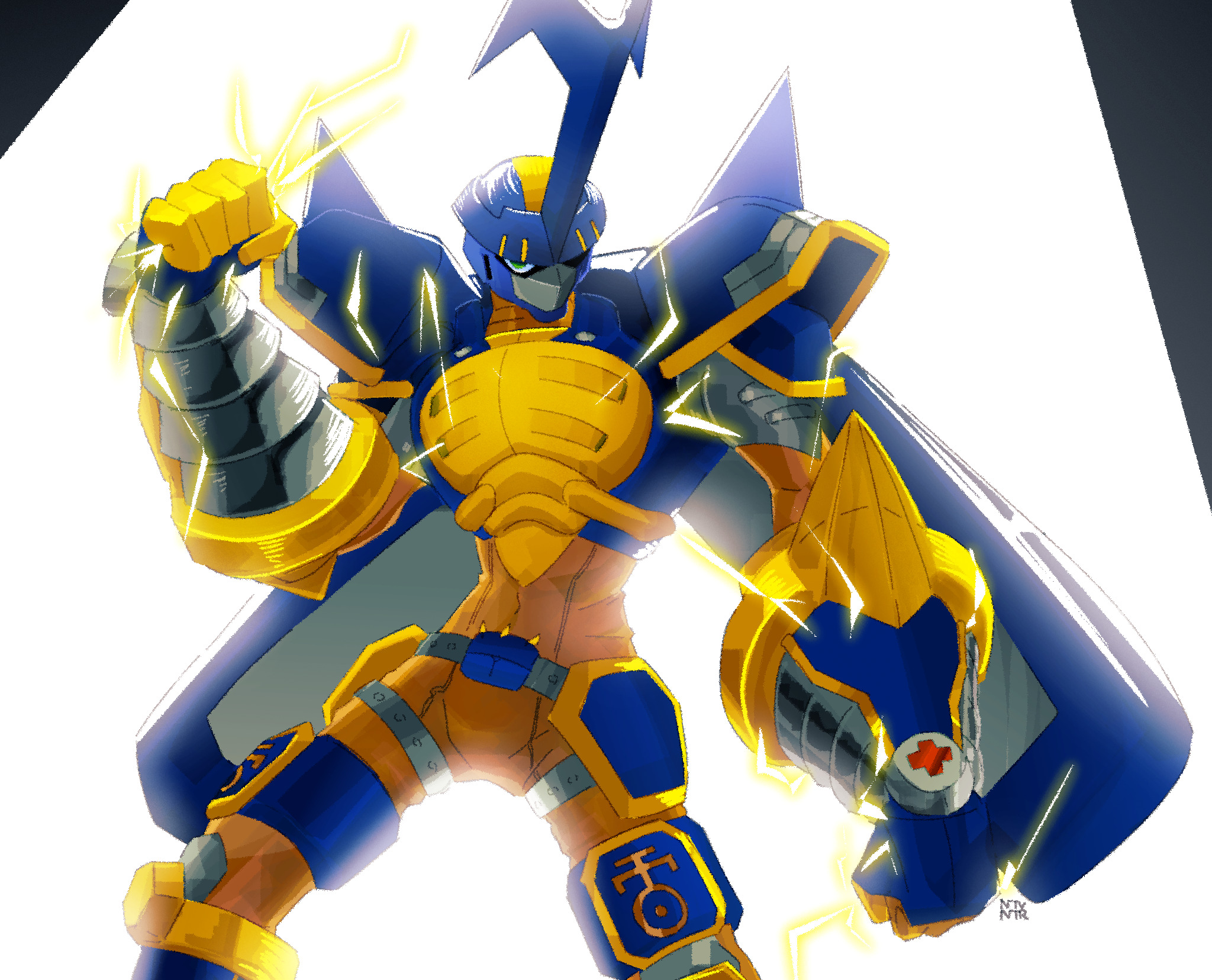 armor blitzmon digimon digimon_(creature) digimon_frontier green_eyes highres horns mask muscular muscular_male