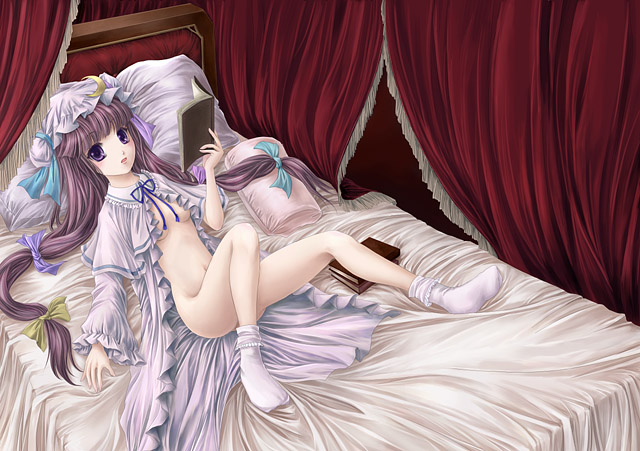 1girl bed bed_sheet book bottomless breasts censored convenient_censoring convenient_leg curtains female_focus hat indoors legs lying navel no_bra no_panties on_back open_clothes open_robe patchouli_knowledge pillow ribbon robe satin socks solo touhou yuki_shuuka