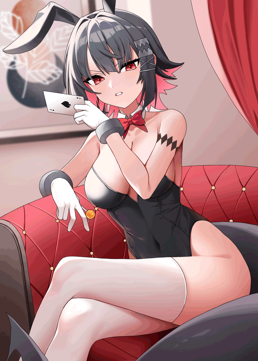 1girl alternate_costume animal_ears arm_rest arm_tattoo black_hair black_leotard blurry blurry_background bow bowtie breasts candy card chaise_longue collarbone colored_inner_hair crossed_legs cuffs curtains detached_collar ellen_joe fake_animal_ears fins fish_tail food gloves hair_between_eyes hair_intakes hair_ornament hairclip hashtag-only_commentary highres holding holding_candy holding_card holding_food holding_lollipop indoors large_breasts leotard lollipop looking_at_viewer multicolored_hair noa_(noa01010) parted_lips pink_hair playboy_bunny playing_card portrait_(object) rabbit_ears red_bow red_bowtie red_eyes shark_tail short_hair sidelocks sitting solo strapless strapless_leotard tail tattoo teeth thighhighs thong_leotard tsurime two-tone_hair v-shaped_eyebrows white_gloves white_thighhighs x_hair_ornament zenless_zone_zero
