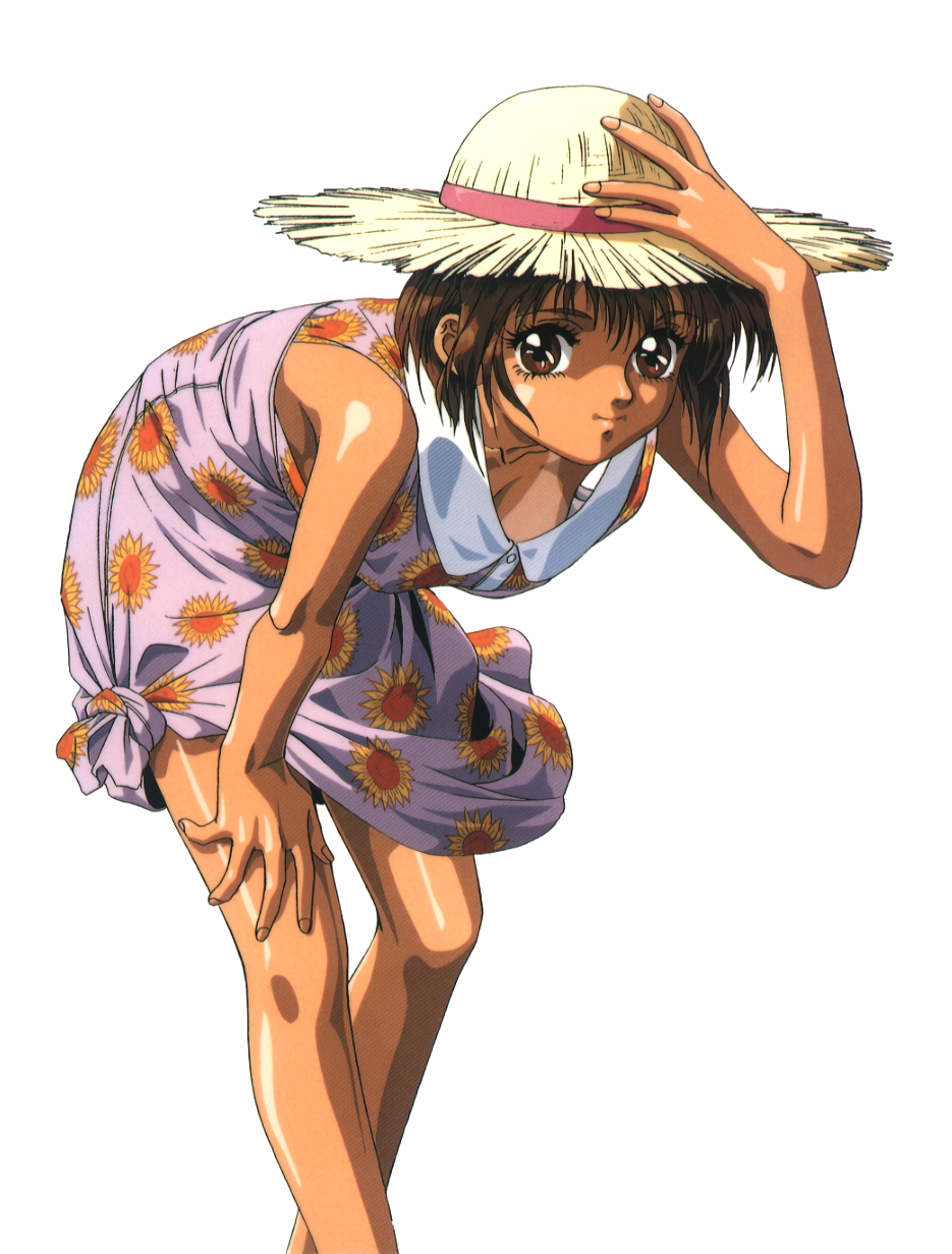 1990s_(style) 1girl brown_eyes brown_hair downblouse dress floral_print hand_on_knees hand_to_head highres leaning_forward looking_at_viewer loose_dress makino_ryuuichi non-web_source original pasocom_paradise retro_artstyle shiny_skin short_hair simple_background sleeveless sleeveless_dress smile solo standing tan tanline thigh_strap tied_dress white_background