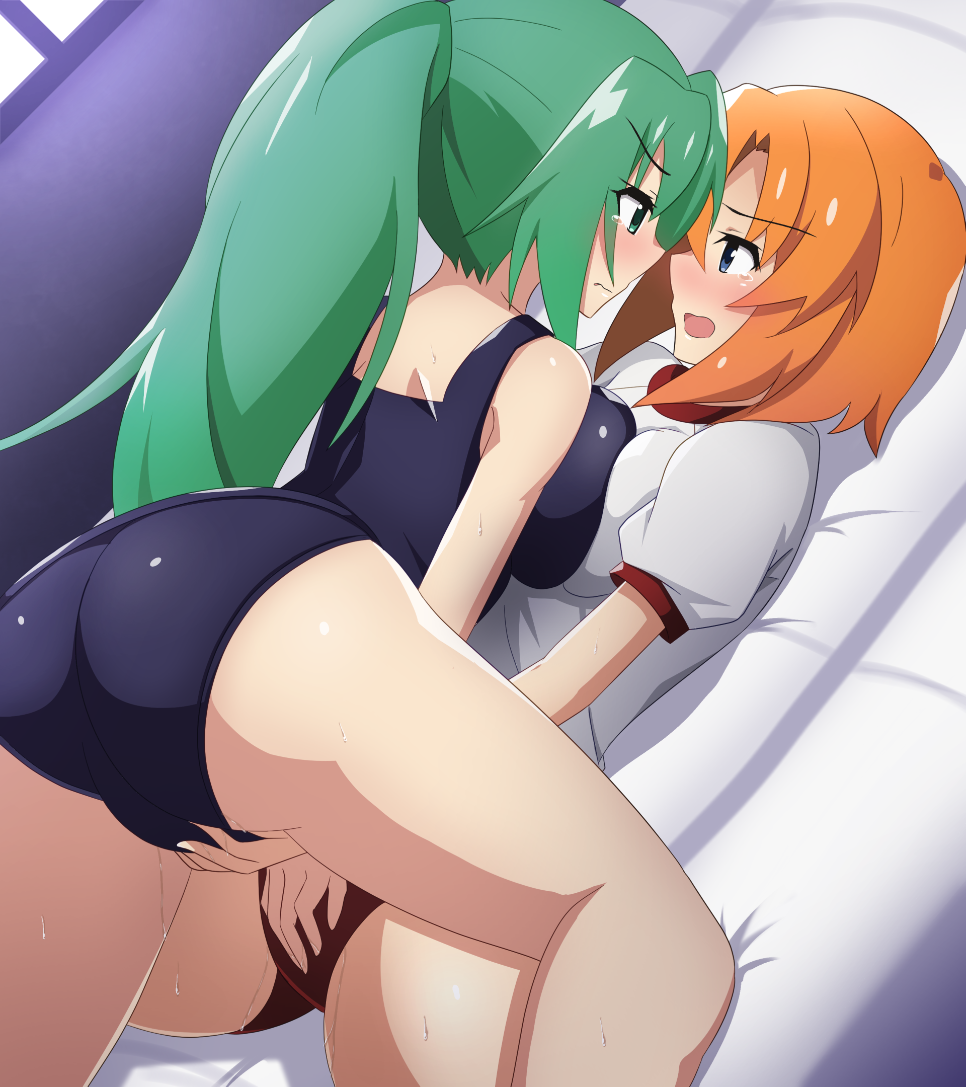 2girls ass asymmetrical_docking back blue_eyes blue_one-piece_swimsuit blue_school_swimsuit blush breast_press breasts buruma closed_mouth clothed_sex dutch_angle fingering fingering_each_other fingering_through_clothes from_side green_eyes green_hair gym_shirt gym_uniform highres higurashi_no_naku_koro_ni kneeling large_breasts long_hair looking_at_another lying medium_breasts medium_hair motion_lines multiple_girls mutual_masturbation new_school_swimsuit on_back on_bed one-piece_swimsuit open_mouth orange_hair paid_reward_available paradox_1818 ponytail red_buruma ryuuguu_rena school_swimsuit sex_fight shirt short_sleeves socks sonozaki_mion sweat swimsuit tearing_up tears thighs through_clothes white_shirt white_socks yuri