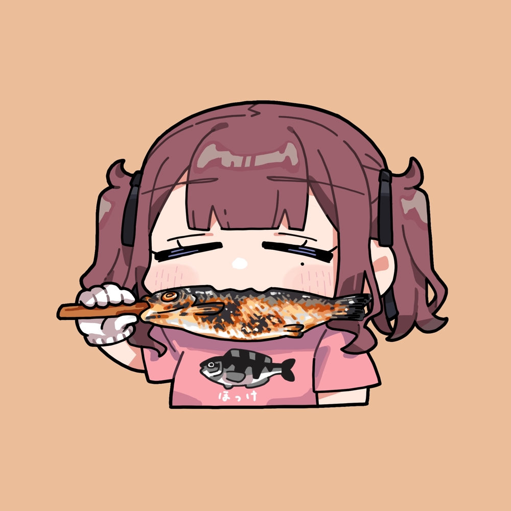 1girl alternate_costume arm_at_side black_ribbon blunt_bangs brown_hair casual cevio chibi closed_eyes clothes_writing commentary_request cropped_torso eating facing_viewer fish_(food) gloves grilled_fish hair_ribbon hand_up holding holding_skewer medium_hair mole mole_under_eye natsuki_karin okhotsk_atka_mackerel orange_background reakaki ribbon shirt short_sleeves simple_background skewer solo synthesizer_v t-shirt twintails upper_body white_gloves work_gloves