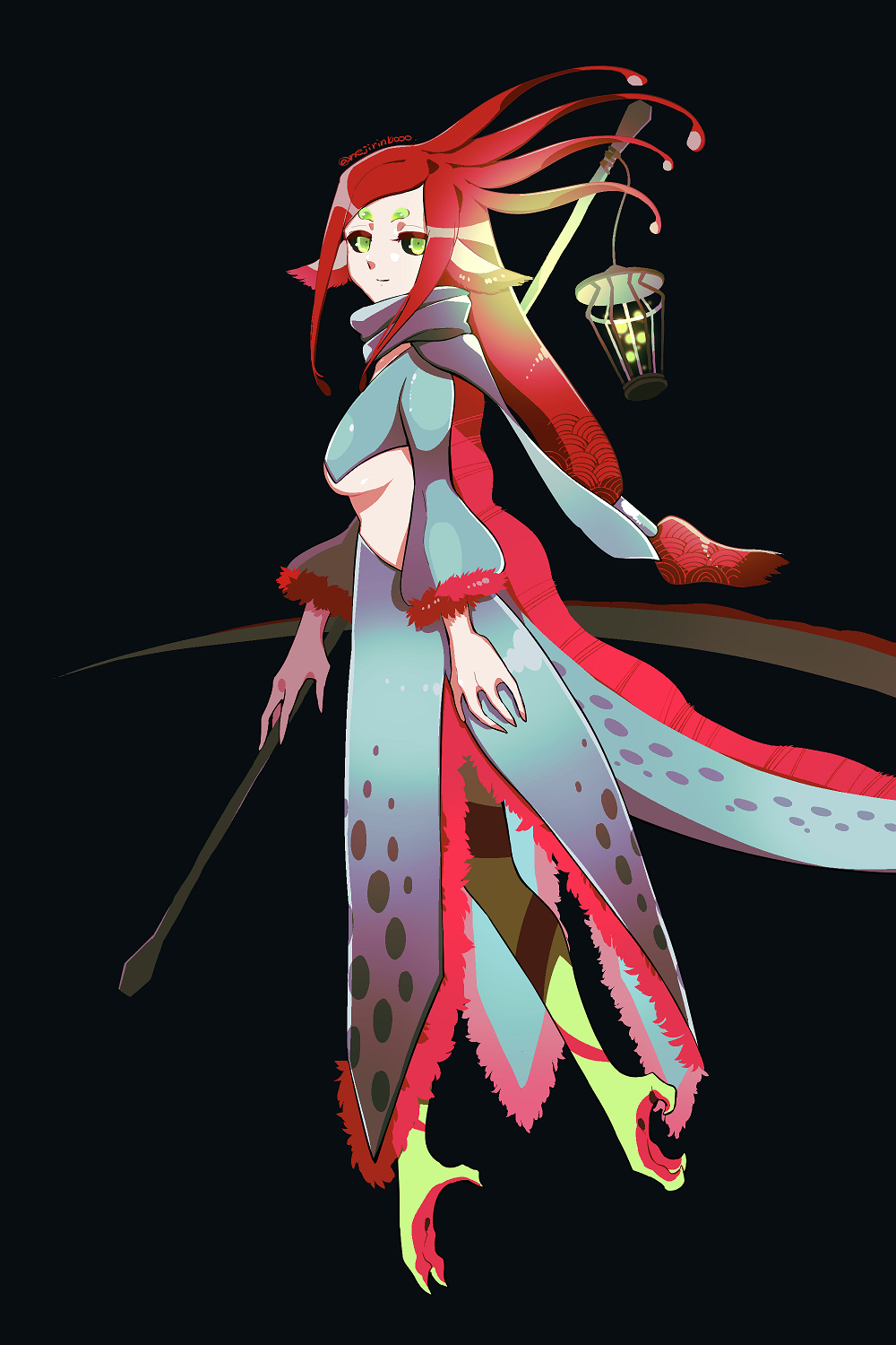 1girl animal_feet black_background black_sclera blue_skirt breasts claws colored_sclera commentary_request crop_top fins fish fish_girl fish_tail full_body green_eyes head_fins highres lantern long_hair long_sleeves looking_at_viewer monster_girl neji_(ultramarinesunset) oarfish original red_hair scarf simple_background skirt solo tail underboob