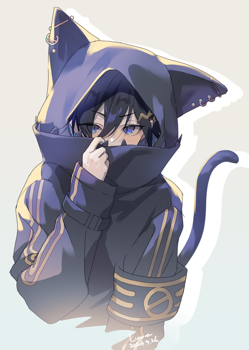 1boy adjusting_hood animal_hood bishounen black_hair black_hoodie blush cat_boy cat_hood cat_tail commentary covered_mouth dated eyelashes hair_between_eyes hair_ornament hairclip highres holostars hood hoodie kanade_izuru lightning_bolt lightning_bolt_hair_ornament lightning_bolt_symbol long_sleeves looking_at_viewer luma8b male_focus purple_eyes short_hair shy signature slit_pupils solo tail upper_body virtual_youtuber white_background