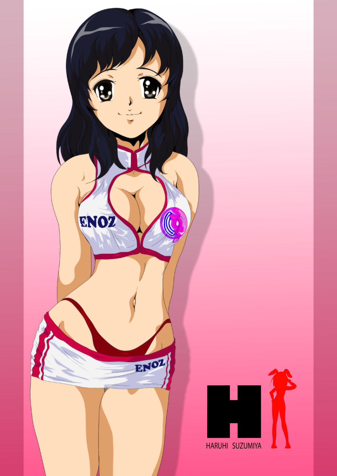 00s black_eyes black_hair cleavage_cutout clothing_cutout enomoto_miyuki enoz highres long_hair nanashi_noiji navel non-web_source panties race_queen solo suzumiya_haruhi_no_yuuutsu underwear