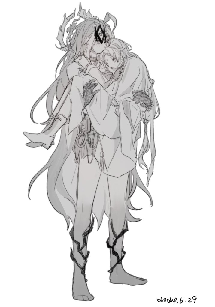 2girls barefoot blush boots carrying chinese_commentary closed_eyes closed_mouth commentary dated du_ruo_(path_to_nowhere) gradient_skin greyscale hand_on_another&#039;s_shoulder head_on_another&#039;s_shoulder long_hair mask mask_on_head monochrome multiple_girls path_to_nowhere princess_carry robe skirt tooong4 yao_(path_to_nowhere)