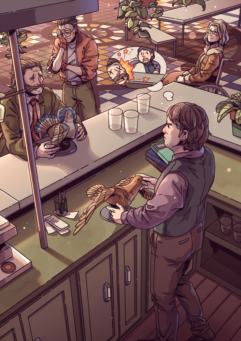 1girl 3boys angry bar_(place) belt bench bird black_hair blazer blonde_hair blush bomber_jacket book brown_hair cup disco_elysium face_punch facial_hair fingerless_gloves fur-trimmed_jacket fur_collar fur_trim garte garte_(disco_elysium) giving glasses gloves hair_slicked_back hand_on_own_face harry_du_bois holding imagining in_the_face indoors jacket kim_kitsuragi lena_(disco_elysium) male_focus medium_hair multiple_boys necktie nose_blush pants paper pen plant punching purple_shirt round_eyewear shirt shoes short_hair sitting smile standing stubble sweatdrop table taxidermy tile_floor tiles vest wenny02 wheelchair white_shirt x_x