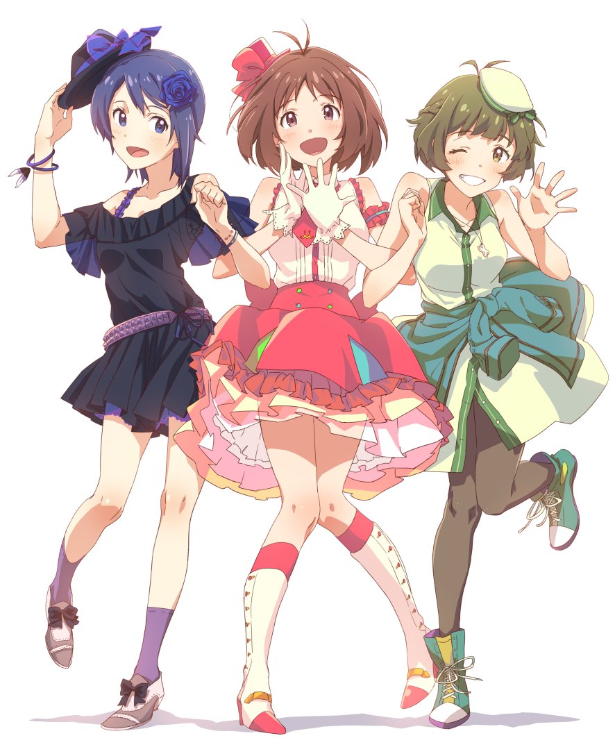 1boy 2girls akizuki_ryo ankle_boots antenna_hair arm_guards bare_shoulders black_dress black_headwear black_pantyhose blue_eyes blue_flower blue_hair blue_rose blush boots bow bracelet breasts brown_eyes brown_hair cleavage collarbone crossdressing dearly_stars_(idolmaster) dress dress_bow flower gloves green_headwear hair_flower hair_ornament hat hidaka_ai holding holding_unworn_clothes holding_unworn_hat idolmaster idolmaster_dearly_stars jewelry knee_boots layered_dress loafers medium_breasts mini_hat mizutani_eri multiple_girls necklace necktie open_mouth pantyhose pigeon-toed pinuett purple_socks red_necktie rose shoes short_hair simple_background smile socks trap unworn_hat unworn_headwear white_background white_gloves