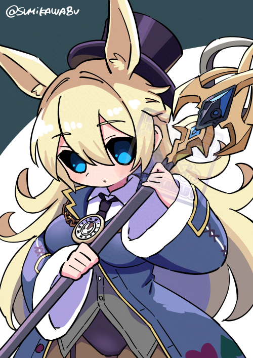 1girl black_sclera blonde_hair blue_coat blue_eyes breasts coat colored_sclera cowboy_shot grimms_notes hair_between_eyes holding holding_staff leotard long_hair medium_breasts parted_lips playboy_bunny rabbit_ears rabbit_girl solo staff sumikawa_(sumikawa8v) twitter_username void_white_rabbit_(grimms_echoes) watermark wide_sleeves