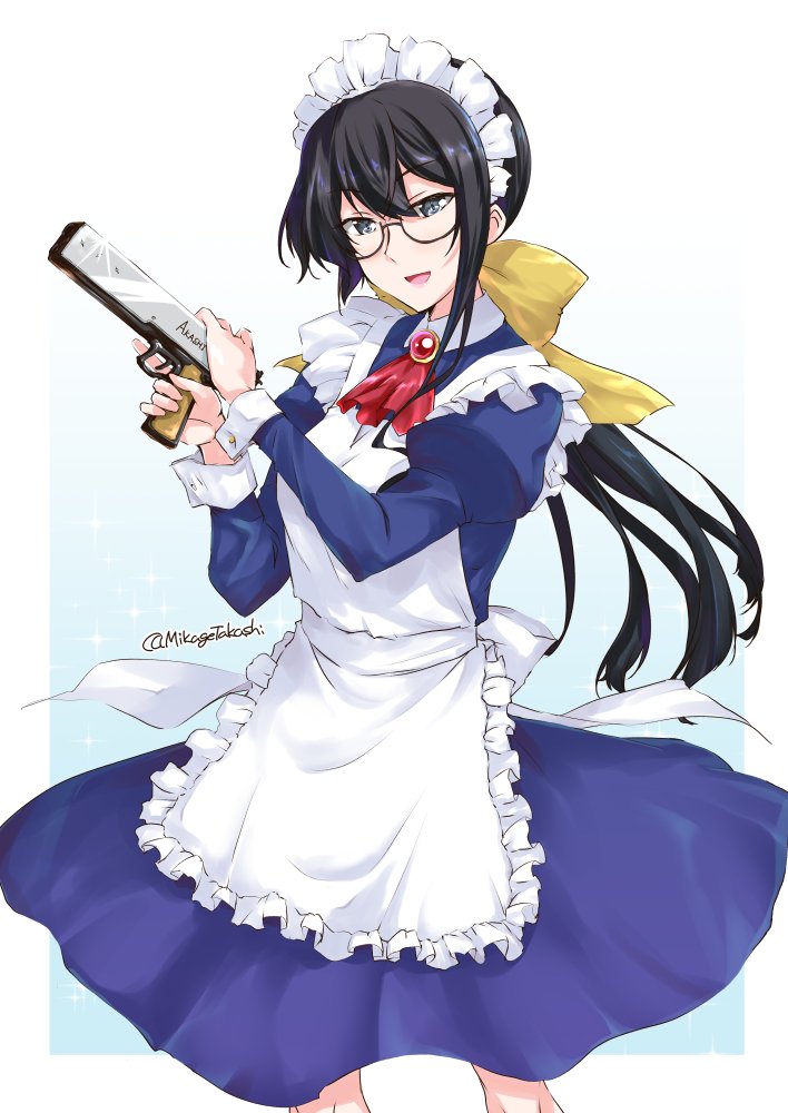 1girl alternate_costume alternate_hairstyle andou_mahoro andou_mahoro_(cosplay) apron black_hair blue_dress bow commentary_request cosplay cowboy_shot dress enmaided female_focus frilled_apron frills green_eyes gun kantai_collection kawasumi_ayako long_hair low_ponytail mahoromatic maid maid_headdress mikage_takashi ooyodo_(kancolle) open_mouth ponytail semi-rimless_eyewear solo under-rim_eyewear voice_actor_connection weapon weapon_request white_apron yellow_bow