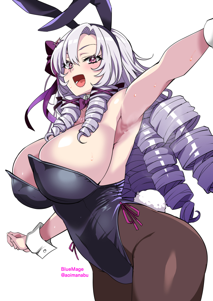 1girl :d animal_ears aoi_manabu armpits black_leotard black_pantyhose bow bowtie breasts cleavage drill_hair fake_animal_ears fake_tail hair_bow hyakumantenbara_salome large_breasts leotard long_hair nijisanji open_mouth pantyhose playboy_bunny purple_bow purple_bowtie purple_eyes purple_hair rabbit_ears rabbit_tail smile solo tail twitter_username virtual_youtuber wrist_cuffs