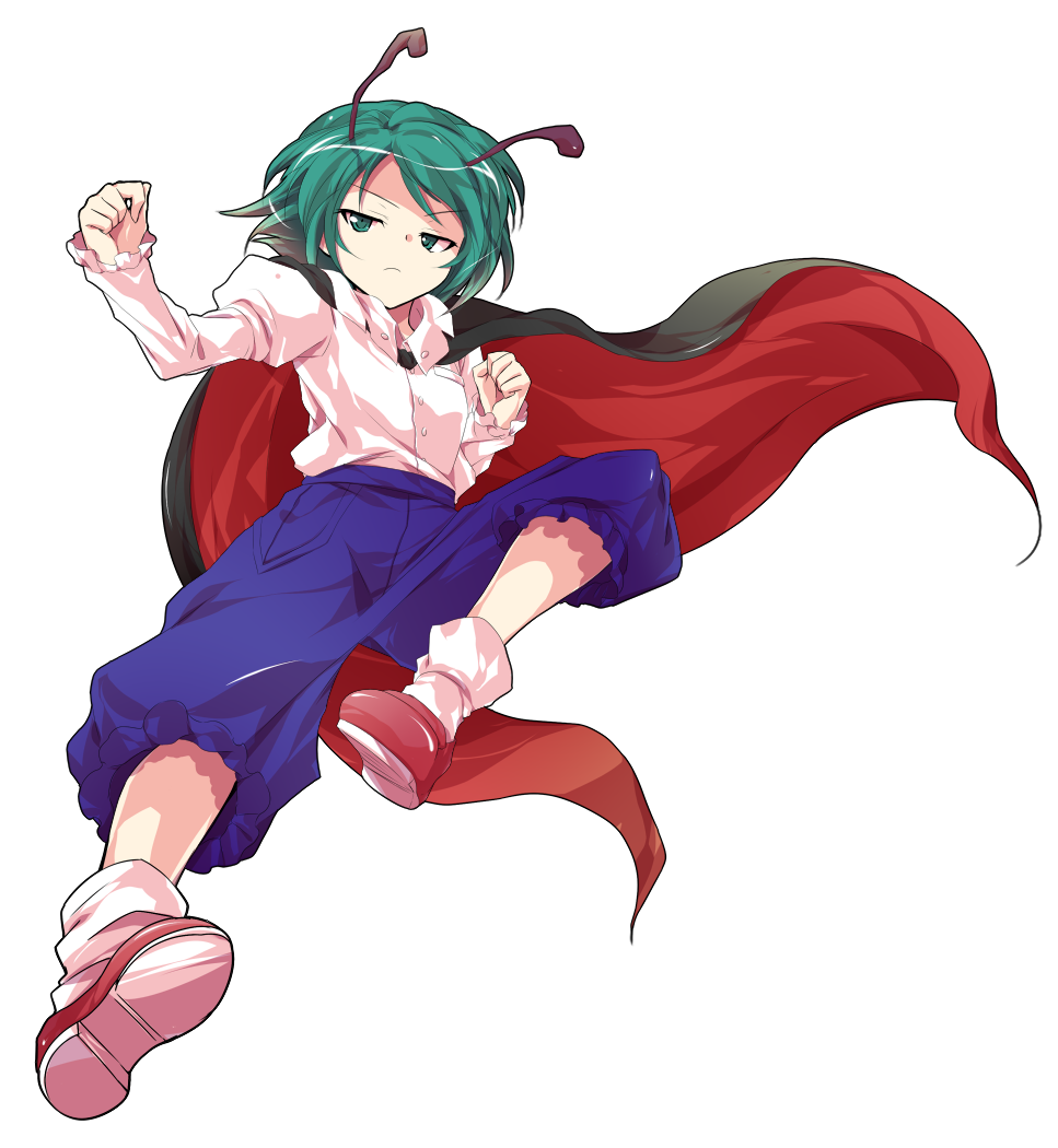 1girl alphes_(style) annoyed antennae black_cape blue_shorts buttons cape closed_mouth collared_shirt commentary_request dairi full_body green_hair half-closed_eyes imperishable_night juliet_sleeves large_variant_set loafers long_sleeves open_mouth parody puffy_sleeves red_cape red_shoes rider_kick shirt shirt_tucked_in shoes short_hair shorts socks solo style_parody tachi-e touhou transparent_background two-sided_cape two-sided_fabric variant_set white_shirt white_socks wriggle_nightbug