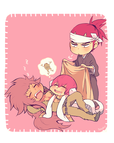 abarai_renji blanket bleach bleach:_zanpakutou_ibun_hen frog lowres red_hair sleeping souno_kazuki spirit tail zabimaru zanpakutou_(spirit)