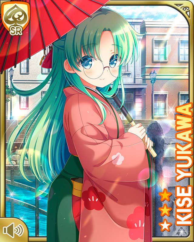 1girl blue_eyes card_(medium) character_name closed_mouth cosplay day girlfriend_(kari) glasses green_hair japanese_clothes kimono long_hair looking_at_viewer official_art outdoors qp:flapper red_kimono smile solo tagme taishou_era umbrella yukawa_kise
