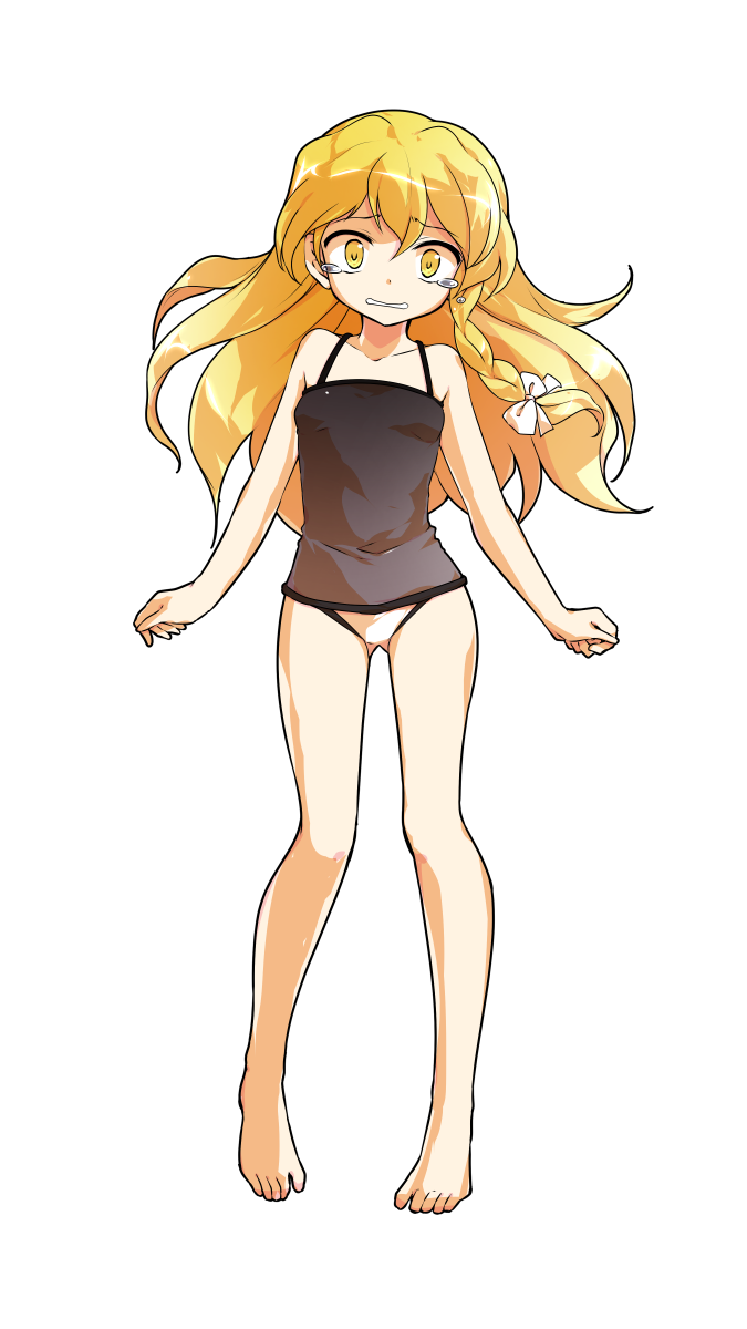1girl alphes_(style) bare_arms bare_legs bare_shoulders barefoot black_one-piece_swimsuit blonde_hair braid breasts casual_one-piece_swimsuit collarbone commentary_request dairi full_body gluteal_fold hair_between_eyes highres kirisame_marisa looking_at_viewer one-piece_swimsuit parody side_braid silent_sinner_in_blue single_braid small_breasts solo standing straight-on style_parody swimsuit tachi-e tearing_up touhou touhou_bougetsushou transparent_background yellow_eyes
