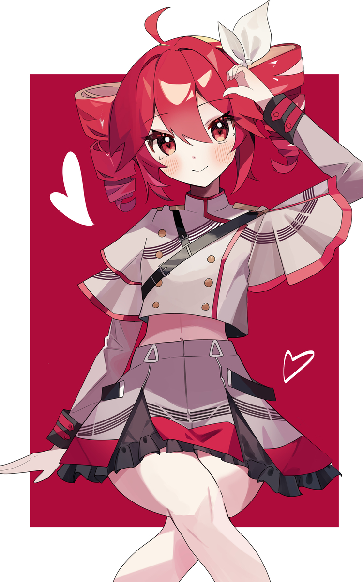 1girl ahoge belt black_belt border bow coco_irasuto cropped_legs double-parted_bangs drill_hair flat_chest grey_jacket grey_skirt hair_between_eyes hair_bow hair_ribbon highres jacket kasane_teto kasane_teto_(sv) layered_sleeves long_sleeves midriff_peek navel red_eyes red_hair ribbon shoulder_belt shoulder_boards sitting skirt skirt_set solo striped_clothes striped_jacket synthesizer_v three-quarter_sleeves twin_drills utau white_border white_bow white_ribbon