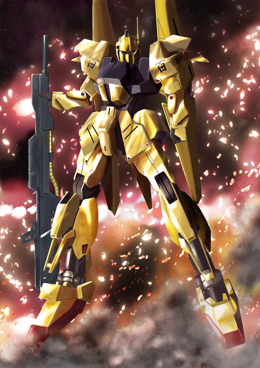 beam_rifle cable debris derivative_work energy_gun fire gundam highres hyaku_shiki i.t.o_daynamics machinery mecha radio_antenna robot science_fiction smoke space sparks star_(symbol) star_symbol_background weapon zero_gravity zeta_gundam