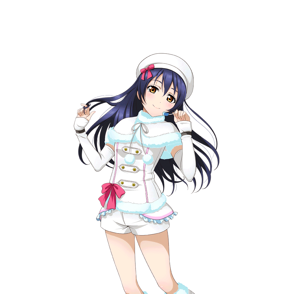 1girl blue_hair blush cape closed_mouth cowboy_shot detached_sleeves frilled_shirt frills fur_cape fur_shirt hands_up hat headset long_hair looking_at_viewer love_live! love_live!_school_idol_festival love_live!_school_idol_project official_art pink_ribbon ribbon shirt shorts smile snow_halation solo sonoda_umi transparent_background twirling_hair white_hat white_shirt white_shorts yellow_eyes