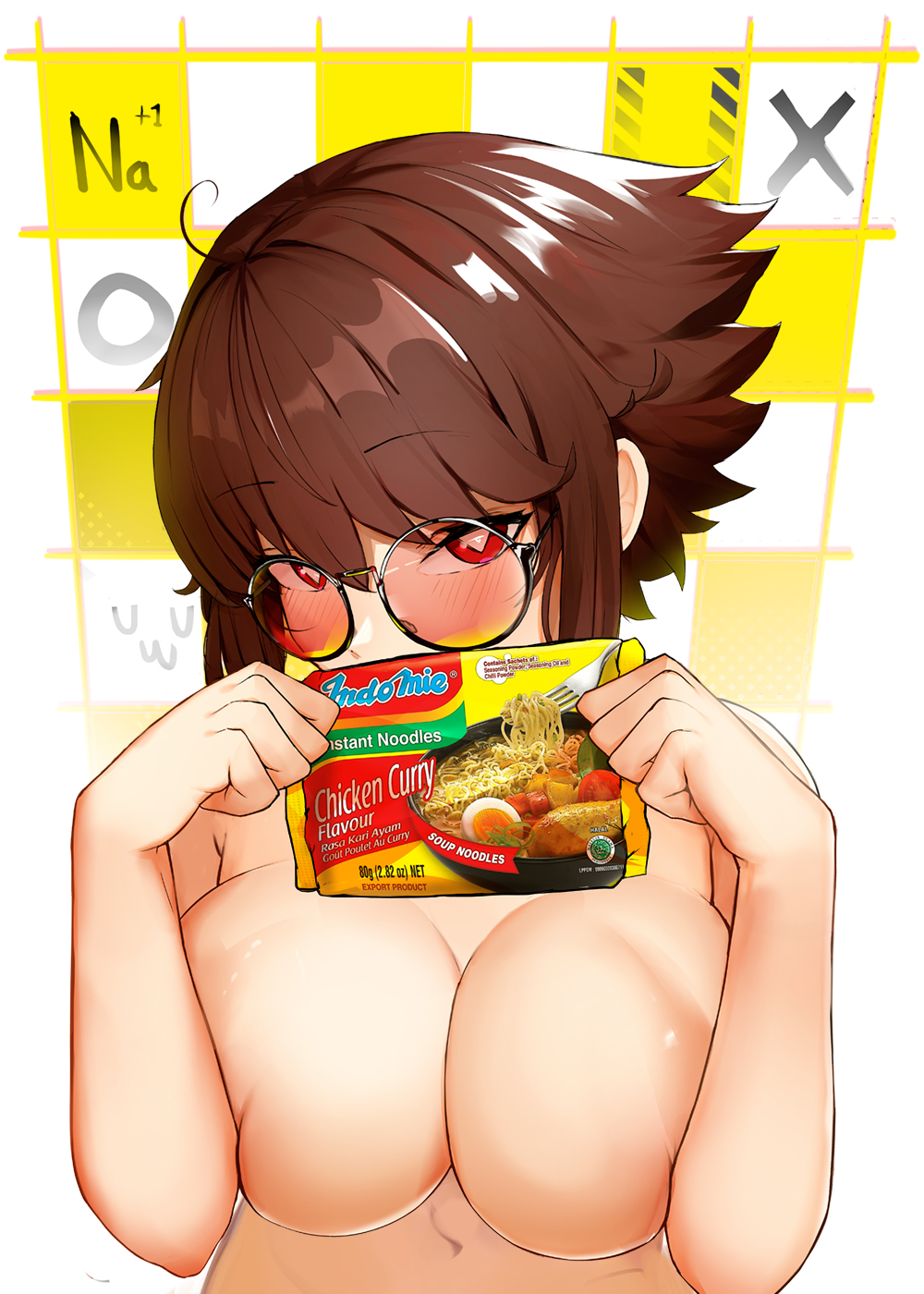1girl blush breasts brown_hair covering_breasts covering_privates food glasses highres holding holding_food large_breasts liz_(nin_fake) looking_at_viewer nin_fake original pack_noodles red_eyes round_eyewear short_hair solo topless_female upper_body