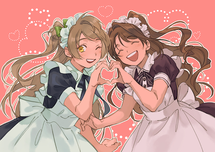 2girls ;d ^_^ alternate_costume apron back_bow black_dress black_ribbon blush bow brown_hair closed_eyes collared_dress commentary crossover dress enmaided facing_viewer floating_hair frilled_apron frilled_hairband frills green_bow hair_bow hair_intakes hairband hand_up happy heart heart_background heart_hands heart_hands_duo idolmaster idolmaster_cinderella_girls light_brown_hair long_hair looking_at_viewer looking_to_the_side love_live! love_live!_school_idol_project loveariddle maid maid_apron maid_headdress minami_kotori multiple_girls neck_ribbon one_eye_closed one_side_up open_mouth outline pink_background puffy_short_sleeves puffy_sleeves ribbon round_teeth shimamura_uzuki short_sleeves side-by-side smile striped_ribbon swept_bangs symbol-only_commentary teeth upper_body upper_teeth_only white_apron white_bow white_hairband white_outline wing_collar wrist_extended yellow_eyes