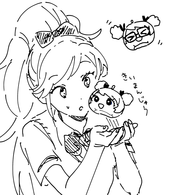 &gt;_&lt; 1girl afro_puffs aikatsu!_(series) bow dot_nose eyelashes fingernails greyscale long_hair monochrome objectification open_mouth otoshiro_seira ponytail saegusa_kii school_uniform shiman simple_background sketch sweater_vest translation_request upper_body