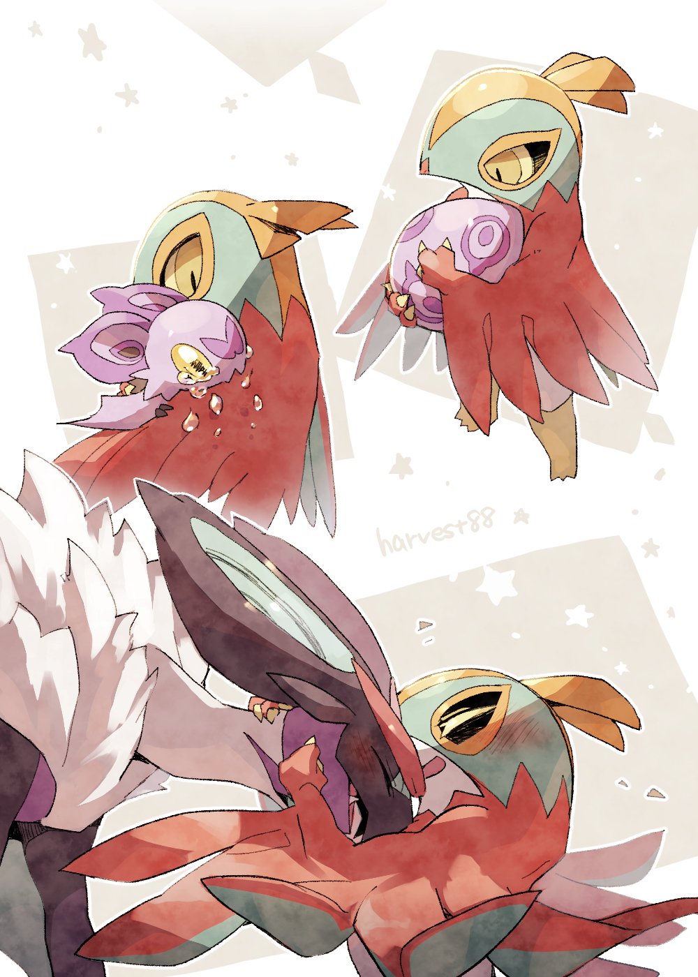artist_name blush closed_eyes commentary_request crying egg gen_6_pokemon harvest88 hawlucha highres holding holding_egg holding_pokemon nintendo no_humans noibat noivern open_mouth pokemon pokemon_(creature) smile star_(symbol) tears