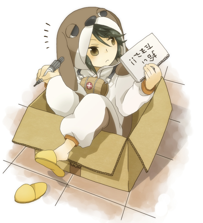 1boy 1girl animal_costume bad_id bad_pixiv_id barrel black_hair box brown_eyes cardboard_box dog_costume female_focus holding in_box in_container izumi_kirifu kamen_rider kamen_rider_w male_focus notepad original pen philip philip_(kamen_rider) sandals solo translation_request