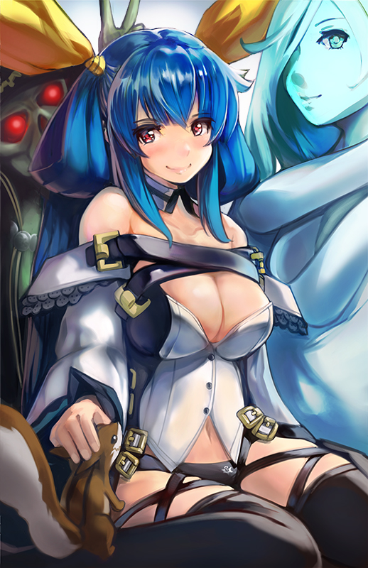 1girl animal asymmetrical_wings bare_shoulders black_panties black_thighhighs blue_hair blush breasts chipmunk cleavage collarbone comic-z detached_collar detached_sleeves dizzy_(guilty_gear) female_focus guilty_gear guilty_gear_xrd hair_ribbon half_updo headpat large_breasts long_hair navel necro_(guilty_gear) panties red_eyes ribbon sitting smile solo squirrel thighhighs underwear undine_(guilty_gear) wariza wings