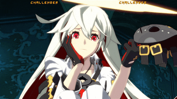 1girl 3d animated animated_gif arc_system_works ass candy female_focus fingernails_over_gloves food game_screenshot guilty_gear guilty_gear_xrd halo jack-o&#039;_valentine jewelry lollipop long_hair looking_at_viewer multicolored_hair necklace red_eyes red_hair solo subtitled two-tone_hair white_hair