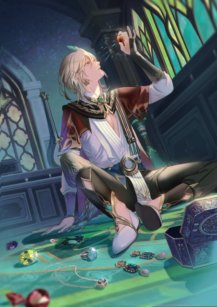 1boy asa_tuki_893 belt black_gloves black_pants blonde_hair blue_belt cape casket cleavage_cutout clothing_cutout commentary commentary_request earrings feather_hair_ornament feathers gem genshin_impact gloves gold_necklace gold_trim green_feathers green_gemstone hair_between_eyes hair_ornament highres holding indoors jewelry kaveh_(genshin_impact) long_sleeves looking_up male_focus necklace on_floor pants pelvic_curtain red_cape red_eyes shirt shoes sitting solo sparkle stained_glass unworn_jewelry white_shirt white_shoes window