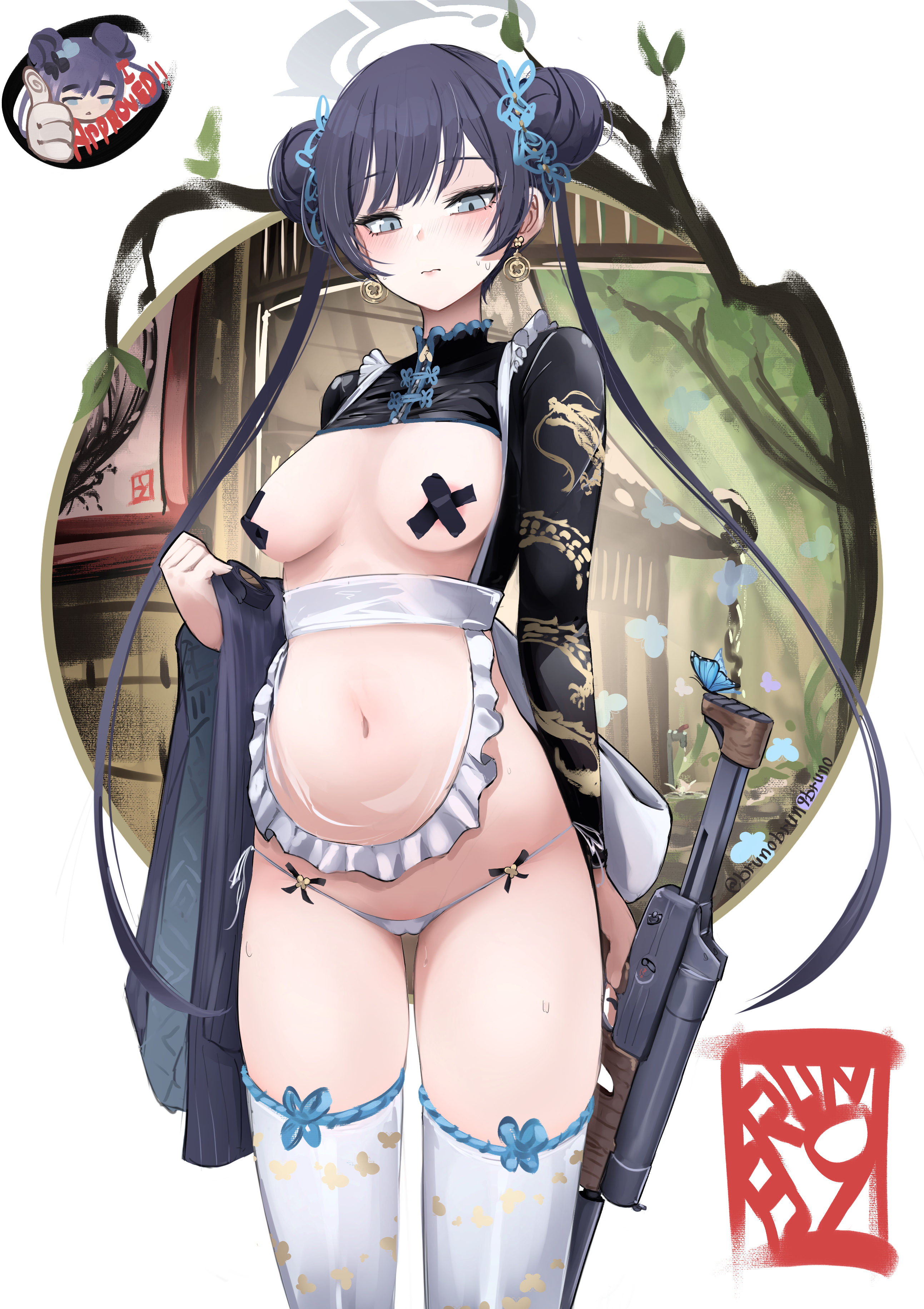 1girl absurdres aged_up apron black_hair black_pasties black_shrug blue_archive breasts brunobrun9bruno closed_mouth coat commentary_request cross cross_pasties double_bun dragon_print frilled_apron frills grey_eyes grey_halo gun hair_bun halo highres holding holding_gun holding_weapon kisaki_(blue_archive) long_hair long_sleeves looking_at_viewer medium_breasts navel panties pasties revealing_clothes see-through_apron see-through_clothes shrug_(clothing) simple_background solo sweat thighs twintails underwear unworn_coat weapon weapon_request white_background white_panties