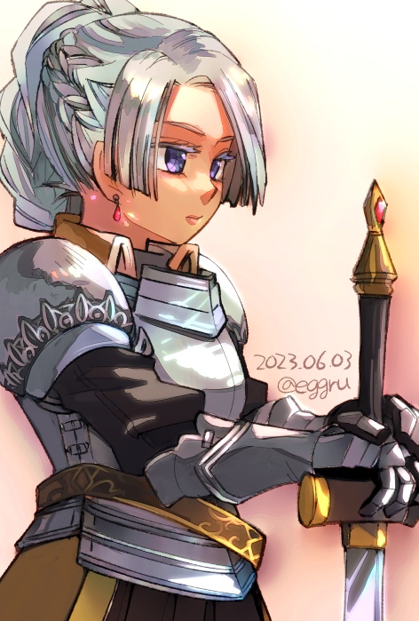 1girl armor braid chris_lightfellow closed_mouth dated earrings eggru french_braid gensou_suikoden gensou_suikoden_iii gloves jewelry lips long_hair purple_eyes simple_background solo sword weapon white_hair