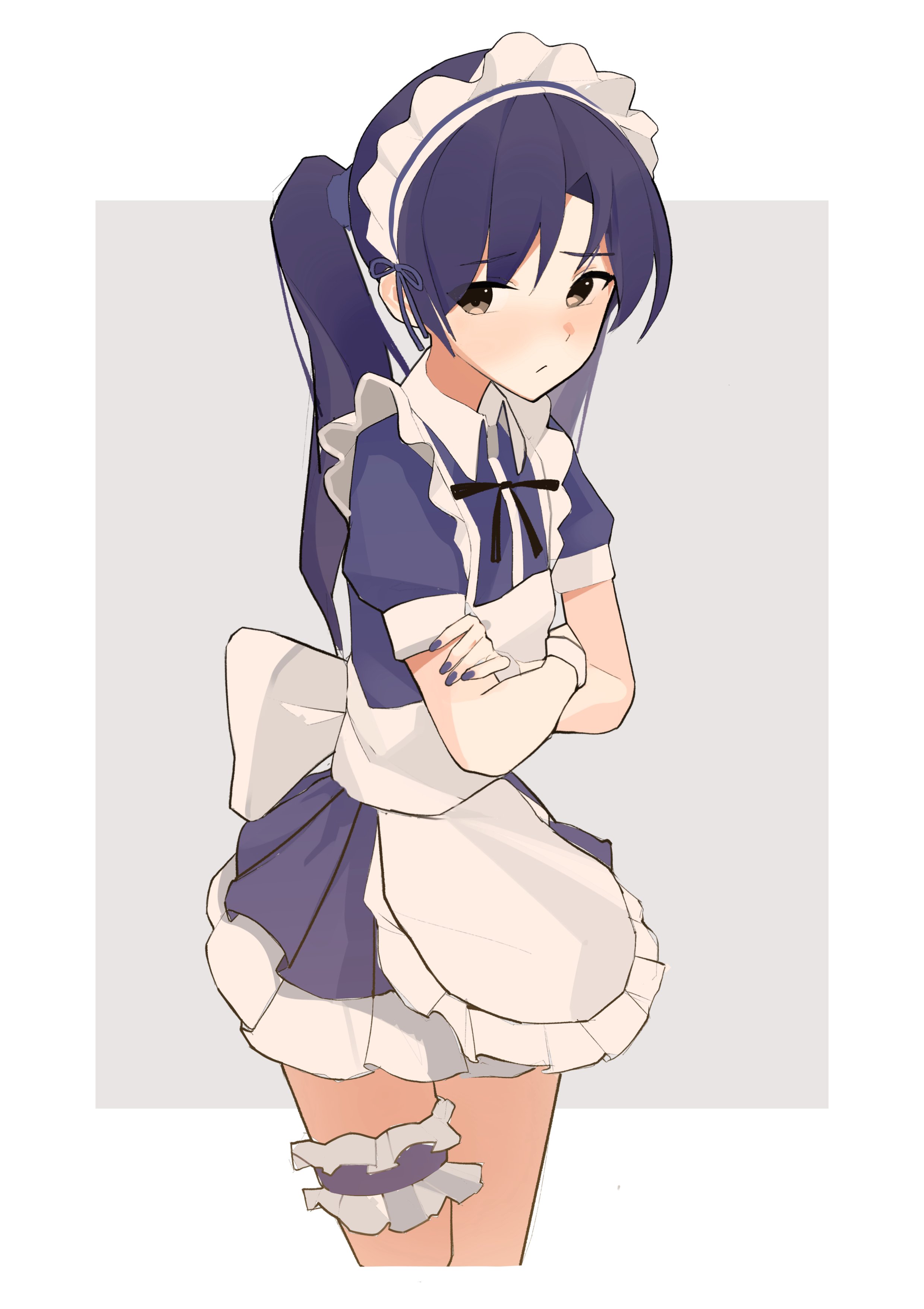 1girl absurdres apron blue_dress blue_hair blue_nails blush border brown_eyes ch2haya_p closed_mouth cropped_legs crossed_arms dress frilled_thigh_strap grey_background highres idolmaster idolmaster_(classic) kisaragi_chihaya long_hair maid maid_apron maid_headdress nail_polish outside_border puffy_short_sleeves puffy_sleeves short_sleeves solo standing thigh_strap twintails white_apron white_border white_headdress