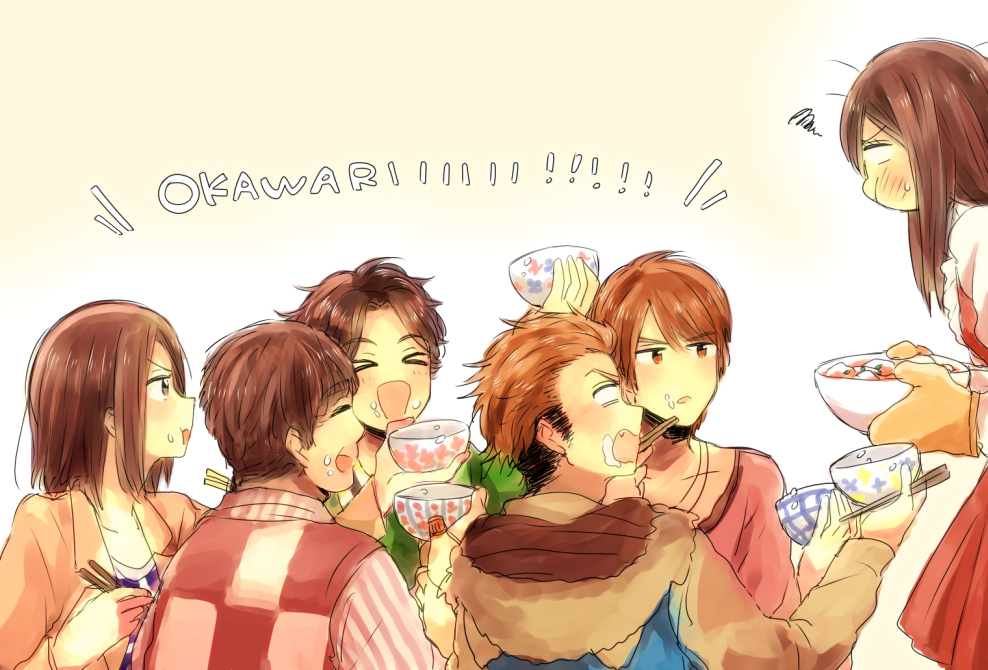 &gt;_&lt; 2girls 4boys ^_^ blush bowl brown_eyes brown_hair charlie_(earlychang) chopsticks daimon_rinko eating eyebrows closed_eyes food food_on_face kamen_rider kamen_rider_wizard_(series) koyomi_(kamen_rider_wizard) long_hair mayonnaise multiple_boys multiple_girls nara_shunpei nitou_kousuke open_mouth oven_mitts pout rice rice_bowl rice_on_face short_hair smile souma_haruto squiggle wajima_shigeru