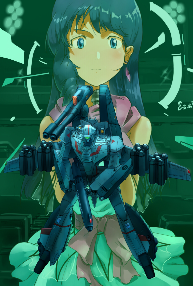 alien choujikuu_yousai_macross dress earrings energy_weapon gloves gunpod heads-up_display hologram ichijou_hikaru inui_(jt1116) jewelry long_hair lynn_minmay macross macross:_do_you_remember_love? mecha microphone missile robot rocket_launcher science_fiction sdf-1 solo spacecraft spoilers u.n._spacy user_interface vf-1 vf-1_strike vf-1j weapon zero_gravity