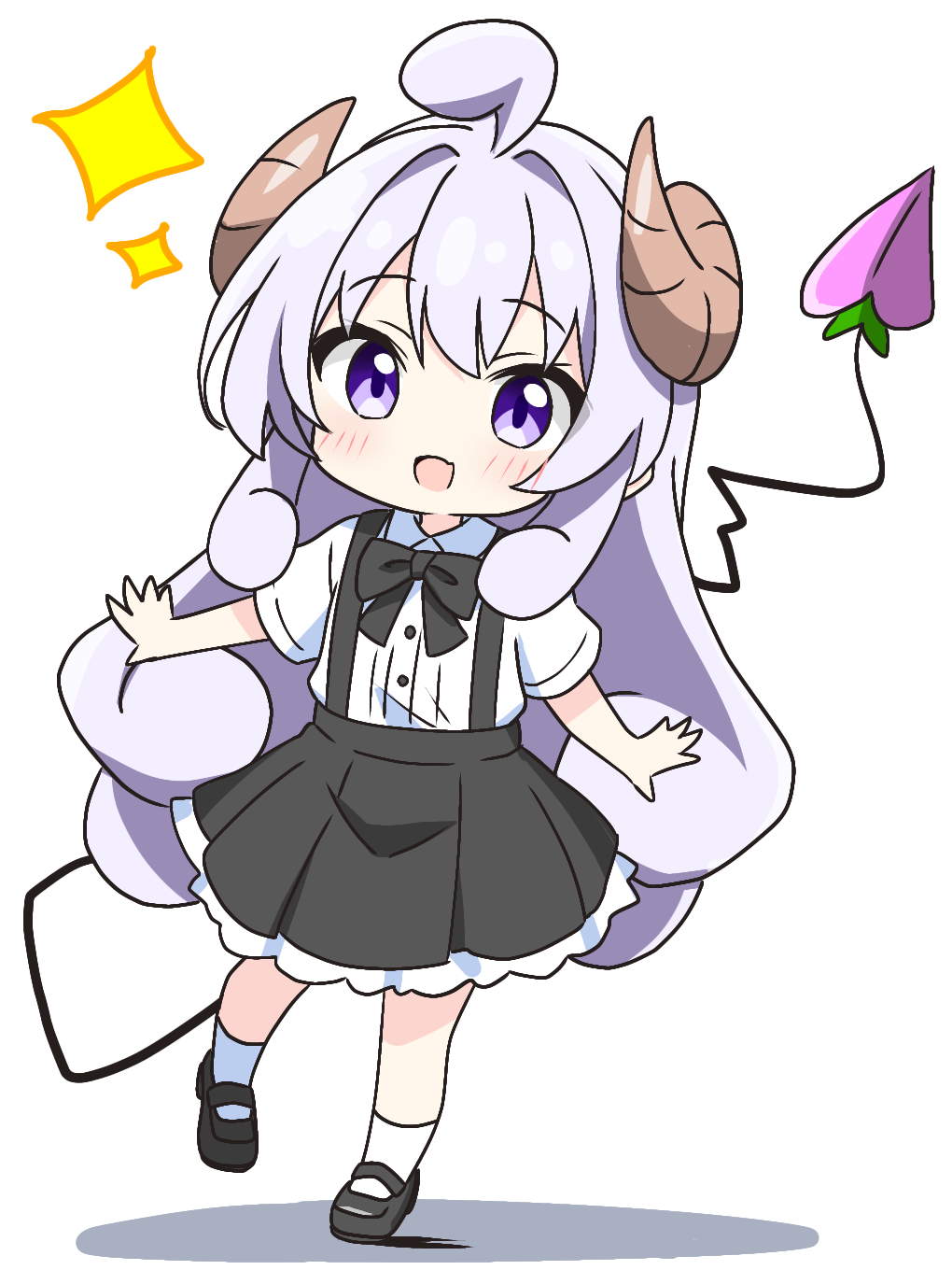 1girl :d ahoge black_shoes black_skirt blush brown_horns collared_shirt commentary_request curled_horns curly_hair demon_girl demon_tail frilled_skirt frills full_body highres horns kotatsu-mazoku lilith_(machikado_mazoku) lilith_(machikado_mazoku)_(homunculus) long_hair looking_at_viewer machikado_mazoku mary_janes open_mouth pleated_skirt purple_eyes purple_hair shirt shoes short_sleeves sidelocks simple_background skirt smile socks solo sparkle standing suspender_skirt suspenders tail white_background white_shirt white_socks