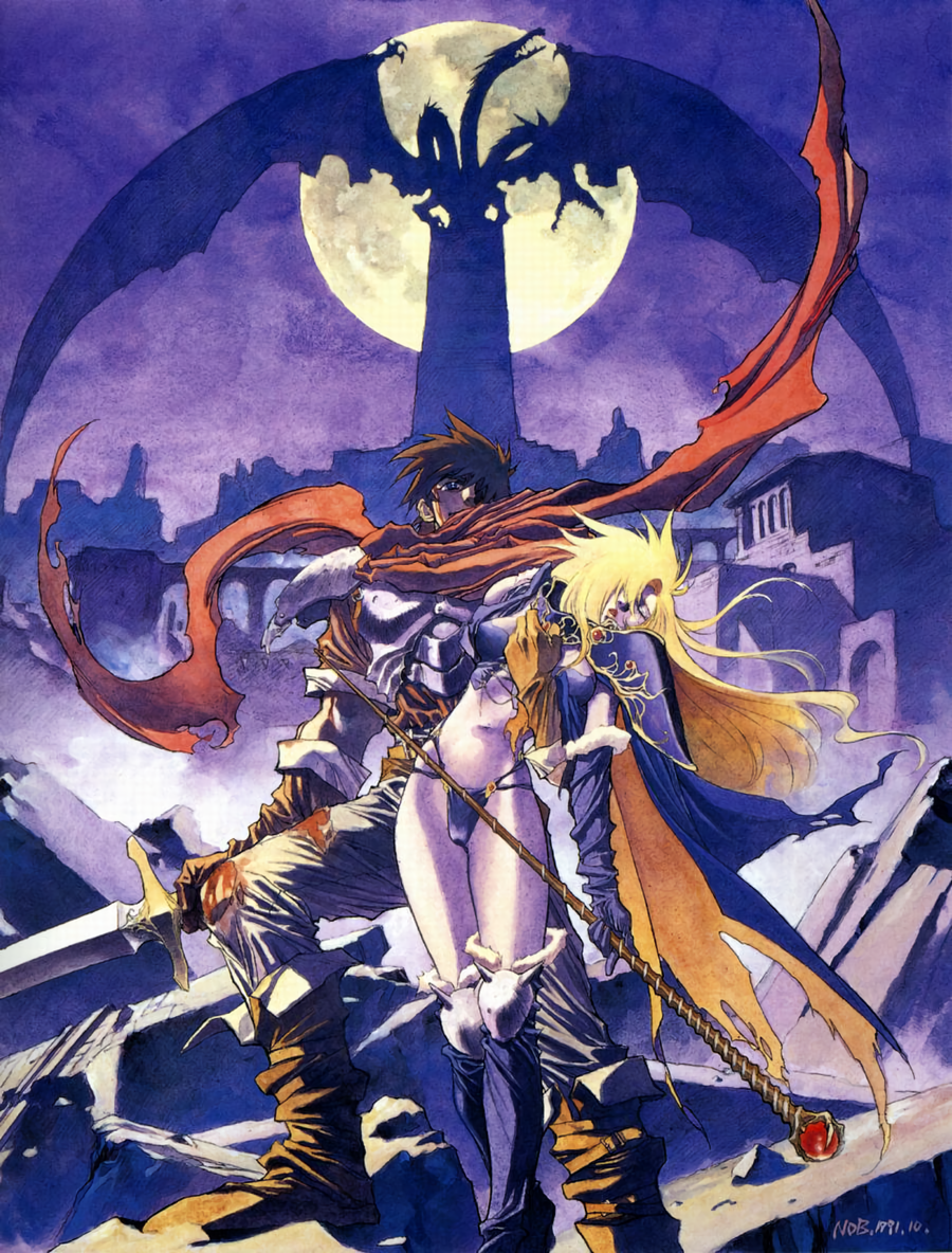 1990s_(style) ares_(brandish) armor bleeding blonde_hair blood boots brandish breastplate brown_footwear brown_gloves brown_hair cape dela_delon dragon elbow_gloves closed_eyes full_moon gloves hair_over_one_eye holding holding_staff holding_sword holding_weapon injury knee_pads long_hair moon night non-web_source official_art outdoors over-kneehighs pauldrons retro_artstyle ruins scarf short_hair shoulder_armor staff standing sword thighhighs weapon yuuki_nobuteru