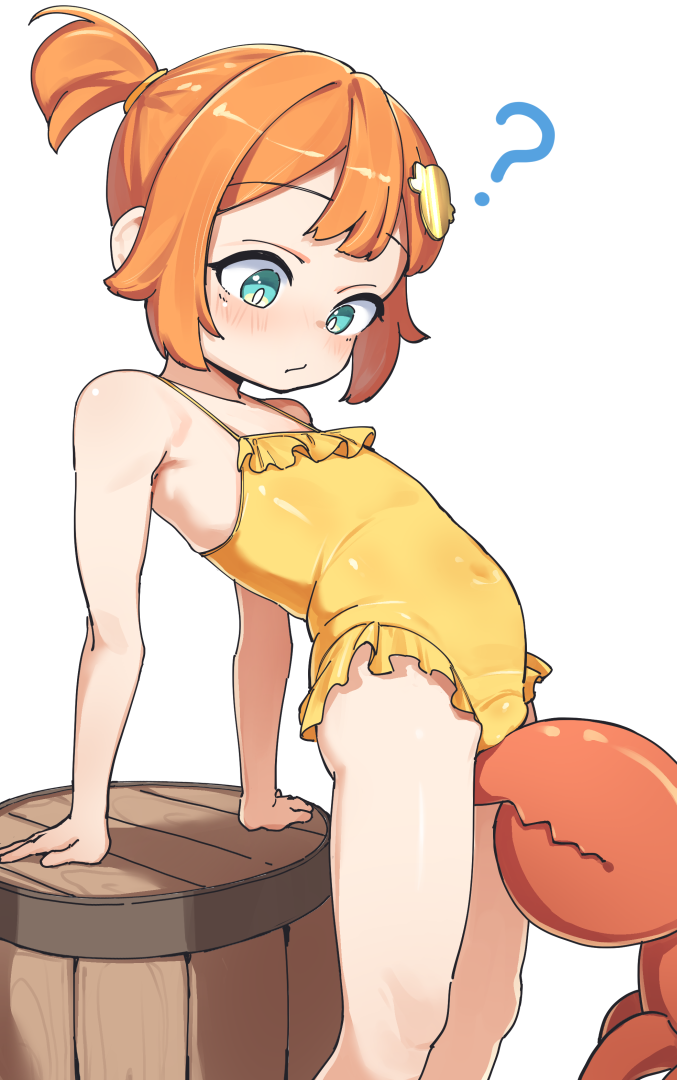 1girl ? arm_support barrel bestiality casual_one-piece_swimsuit crab driftingtiger flat_chest frilled_one-piece_swimsuit frills loli one-piece_swimsuit orange_hair original simple_background swimsuit white_background yellow_one-piece_swimsuit